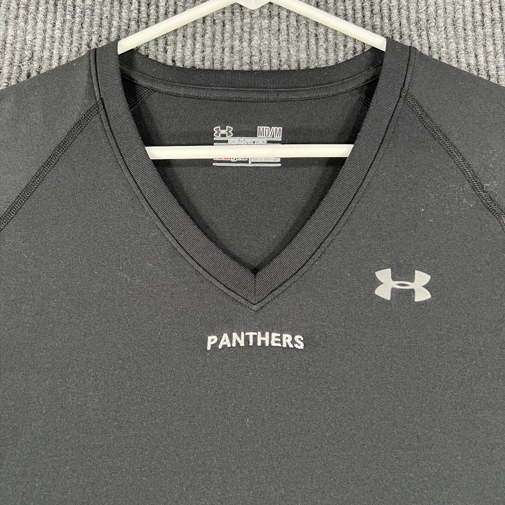 Under Armour Shirt Womens Medium Black Short Sleeve V Neck Panthers Activewear